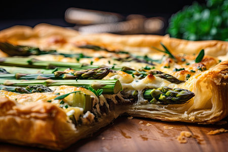 close-up of asparagus tart, with flaky pastry and filling visible, created with generative aiの素材