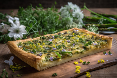 asparagus tart topped with delicate flower petals and a sprinkling of herbs, created with generative aiの素材