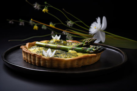 asparagus tart on black ceramic plate, with flower garnish, created with generative aiの素材