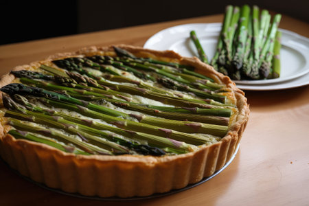 asparagus tart, with simple yet elegant lines, baked in beautiful fluted crust, created with generative aiの素材