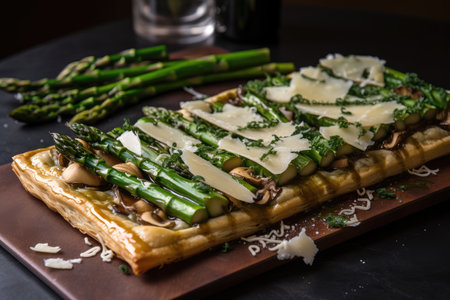 asparagus tart with balsamic reduction and shaved parmesan, created with generative aiの素材