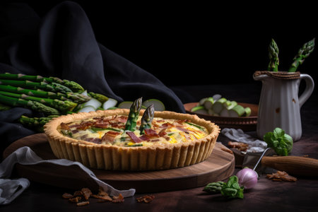 asparagus tart with crumbly shortcrust pastry, topped with delicate egg custard and crisp bacon, created with generative aiの素材