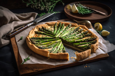 asparagus tart on stone plate, with knife and fork for into slices, created with generative aiの素材