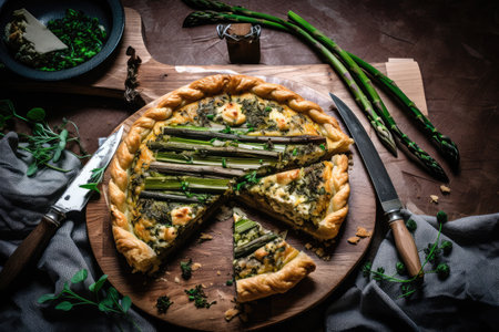 asparagus tart on stone plate, with knife and fork for into slices, created with generative aiの素材