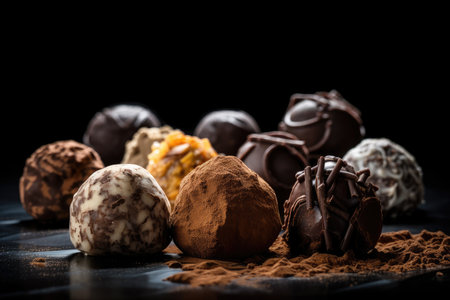 chocolate truffles on black background, with focus on the shapes and colors of their fillings, created with generative aiの素材
