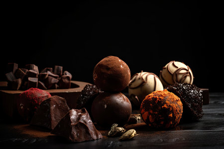 chocolate truffles on black background, with focus on the shapes and colors of their fillings, created with generative aiの素材