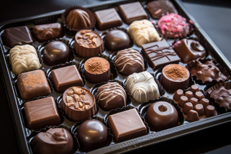 tray of assorted chocolates, ready to be eaten, created with generative aiの素材