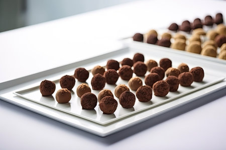 chocolate truffles arranged in neat rows on platter, created with generative aiの素材