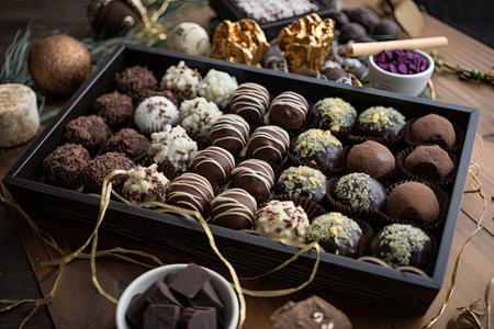 tray of assorted chocolate truffles shaped into holiday ornaments, sushi rolls, and more, created with generative aiの素材