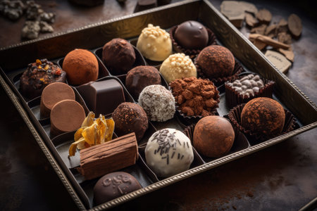 a selection of truffles in different shapes and flavors, presented on a tray, created with generative aiの素材
