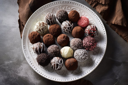 assorted chocolate truffles, arranged in a beautiful display on white plate, created with generative aiの素材