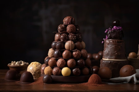 chocolate truffle tower with different flavors and textures, created with generative aiの素材