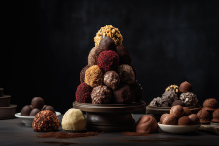 chocolate truffle tower with different flavors and textures, created with generative aiの素材