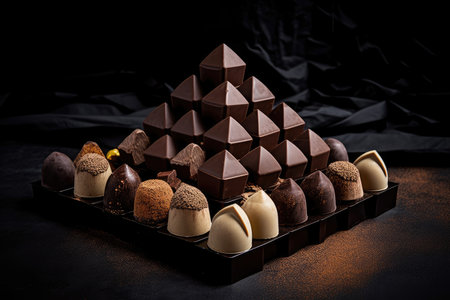 tray of assorted chocolate truffles arranged in a pyramid shape, created with generative aiの素材