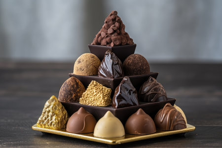 tray of assorted chocolate truffles arranged in a pyramid shape, created with generative aiの素材