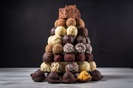 tower of different truffles with various fillings and toppings, created with generative aiの素材