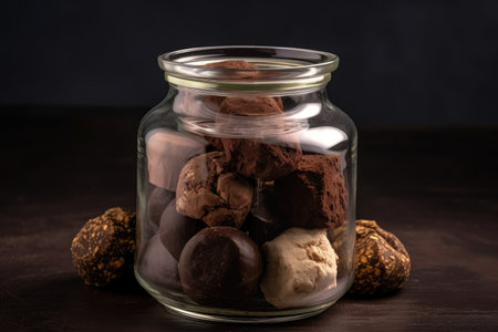glass jar filled with assorted chocolate truffles of different shapes and sizes, created with generative aiの素材