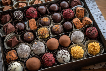 a tray of assorted chocolate truffles with different shapes and colors, created with generative aiの素材