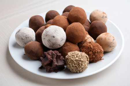 pile of assorted chocolate truffles on a white plate, created with generative aiの素材
