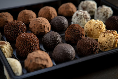 tray of truffles, each one a unique flavor and shape, created with generative aiの素材