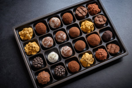 tray of truffles, each one a unique flavor and shape, created with generative aiの素材