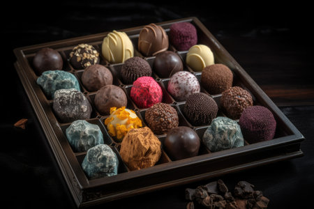 tray of beautiful truffles in unique shapes and colors, created with generative aiの素材