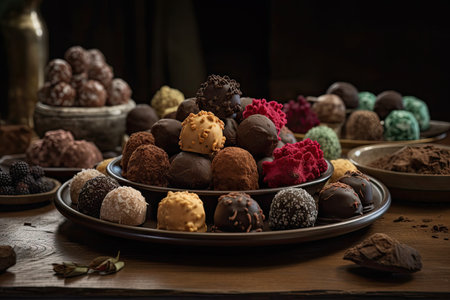 display of truffles in various shapes and colors, arranged artfully on platter, created with generative aiの素材