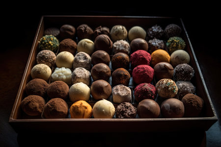 tray of assorted truffles, each one in different shape and color, created with generative aiの素材
