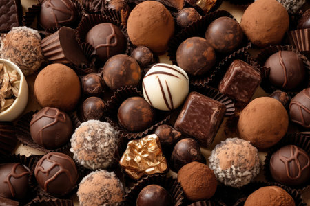 box of assorted chocolate truffles, in various shapes and sizes, created with generative aiの素材