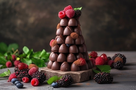 tower of chocolate truffles with fresh berries and greenery for beautiful presentation, created with generative aiの素材
