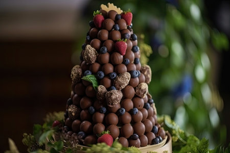 tower of chocolate truffles with fresh berries and greenery for beautiful presentation, created with generative aiの素材
