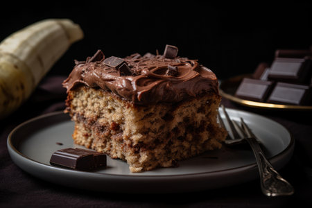slice of banana cake, drenched in decadent chocolate frosting, created with generative aiの素材