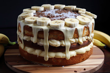 towering banana cake, filled and frosted with creamy custard, created with generative aiの素材