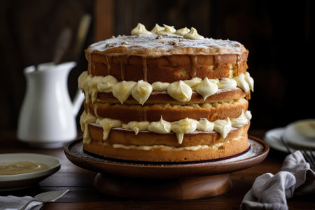 towering banana cake, filled and frosted with creamy custard, created with generative aiの素材