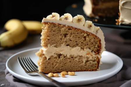 big slice of banana cake, topped with creamy peanut butter frosting, created with generative aiの素材