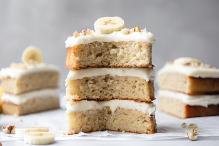 stack of banana cake slices, each slice topped with creamy frosting, created with generative aiの素材