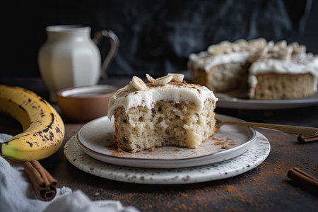simple banana cake, frosted with cream cheese icing and sprinkled with cinnamon, created with generative aiの素材