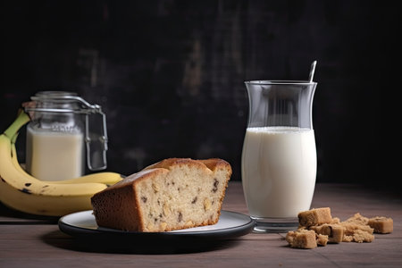 banana cake, sliced and displayed on plate with glass of milk, created with generative aiの素材