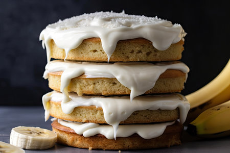 stack of moist banana cake layers, frosted with creamy icing, created with generative aiの素材