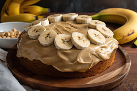 banana cake with peanut butter frosting, topped with sliced bananas, created with generative aiの素材