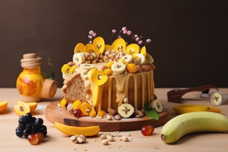 creative and unique design for banana cake, with trendy ingredients and decorations, created with generative aiの素材