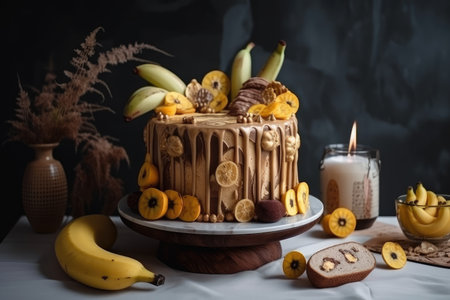 creative and unique design for banana cake, with trendy ingredients and decorations, created with generative aiの素材