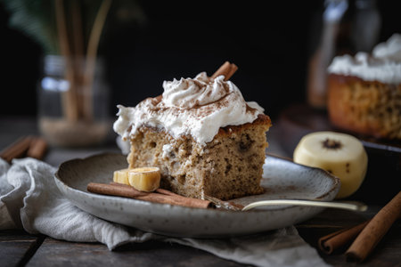 slice of banana cake with a dollop of whipped cream and sprinkle of cinnamon, created with generative aiの素材