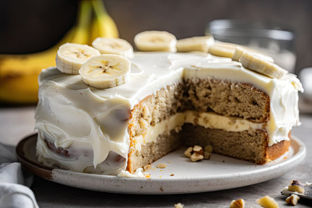 banana cake, with cream cheese frosting, and fresh banana slices on top, created with generative aiの素材
