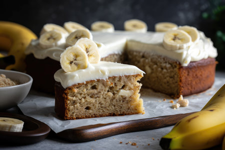 banana cake, with cream cheese frosting, and fresh banana slices on top, created with generative aiの素材
