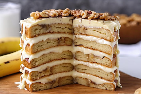 stack of banana cakes, each layer separated by swirls of creamy filling, created with generative aiの素材