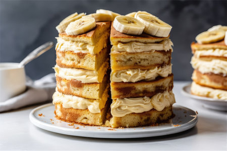 stack of banana cakes, each layer separated by swirls of creamy filling, created with generative aiの素材