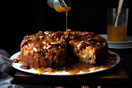 caramelized banana cake with salted caramel syrup and pecan topping, created with generative aiの素材