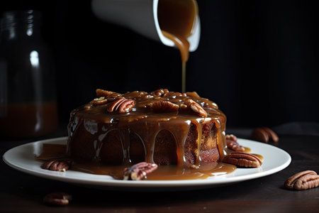 caramelized banana cake with salted caramel syrup and pecan topping, created with generative aiの素材