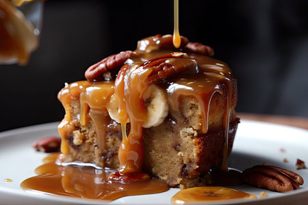 caramelized banana cake with salted caramel syrup and pecan topping, created with generative aiの素材